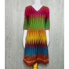 Vintage retro handmade cropped sleeve dress with v neck chevron style small