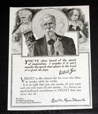 1916 OLD MAGAZINE PRINT AD, LIGGETT & MYERS VELVET JOE PIPE TOBACCO,  MELLOW!