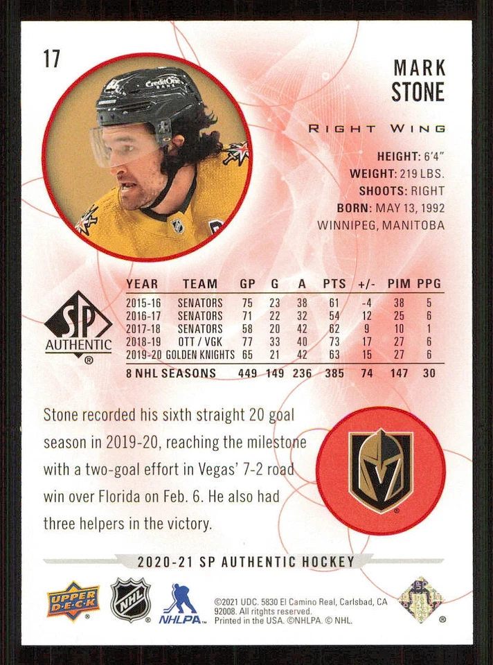 2020-21 SP Authentic Limited Red #17 Mark Stone - Image 2 of 2