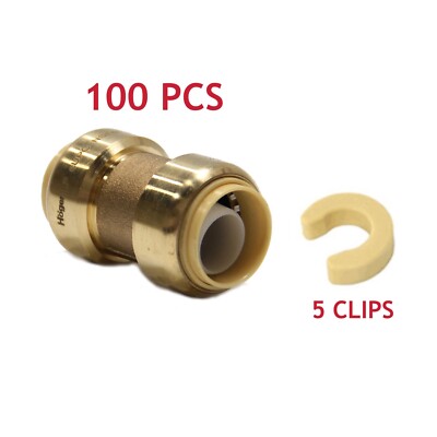 EFIELD 100 PCS  1/2'' X 1/2'' Push-fit Brass Couplings with 5 Clips,Lead Free
