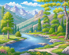 Spring Beautiful Valley River Landscape Needlepoint Canvas