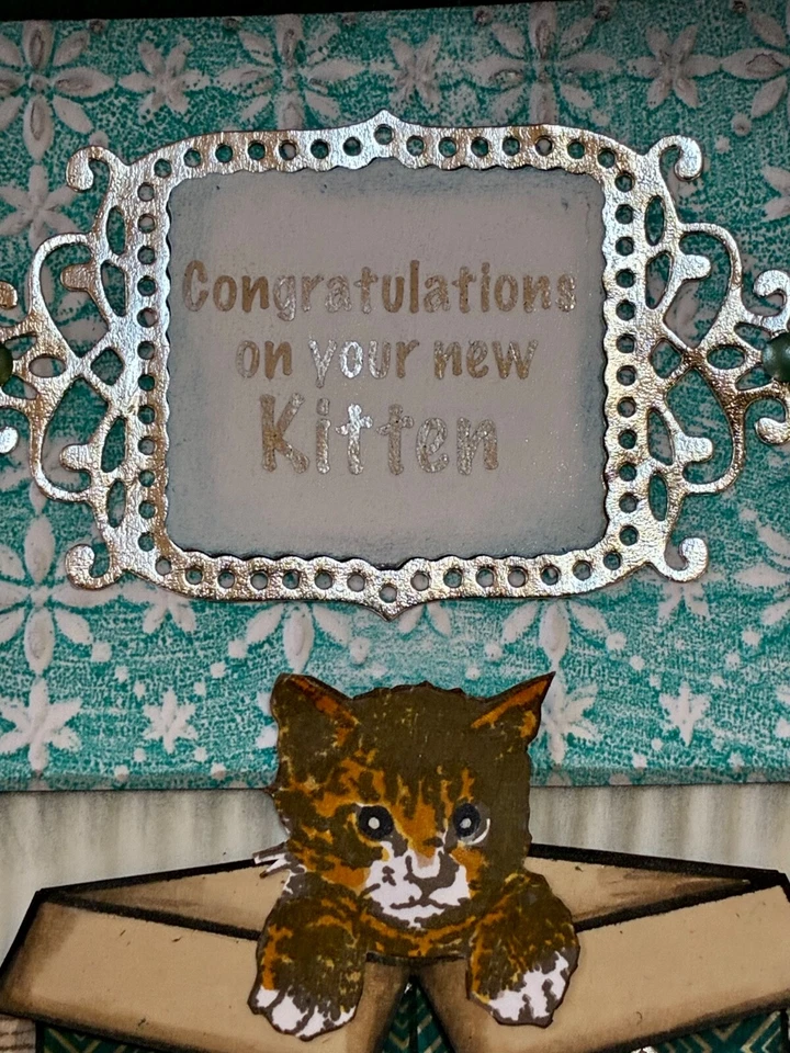 ПОЗДРАВЛЕНИЯ - новый котенок в коробке - ручной работы смешанные медиа карта на Ди - Изображение 4 из 4