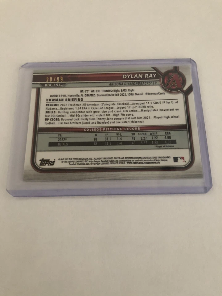 2022 Bowman Chrome Draft Dylan Ray 1st Chrome Green Speckle Refractor /99 Dbacks - Image 2 of 2