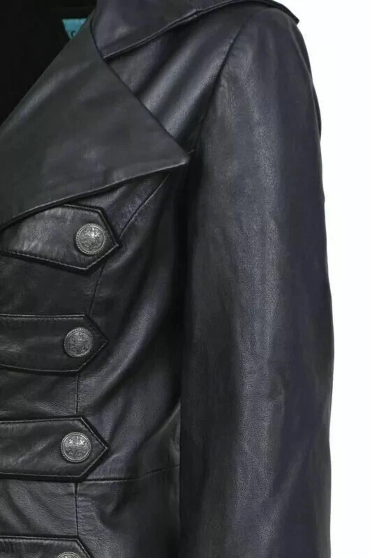 Womens Leather Black Long Winter Coat Steampunk Costume Gothic Overcoat - Image 3 of 4