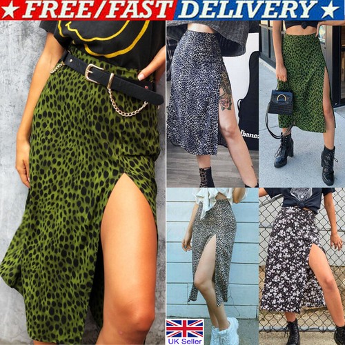 Womens High Waist Leopard Print Dress Ladies Side Split A-Line Midi Skirt - Bild 9 von 16