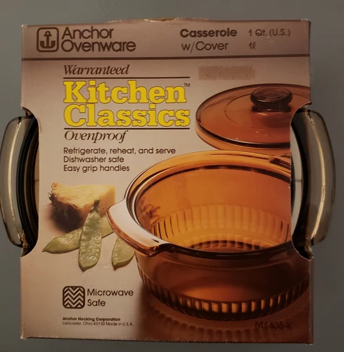 Vintage Anchor Hocking Amber 1Qt Round  Casserole Baking Dish & Lid marked 1436