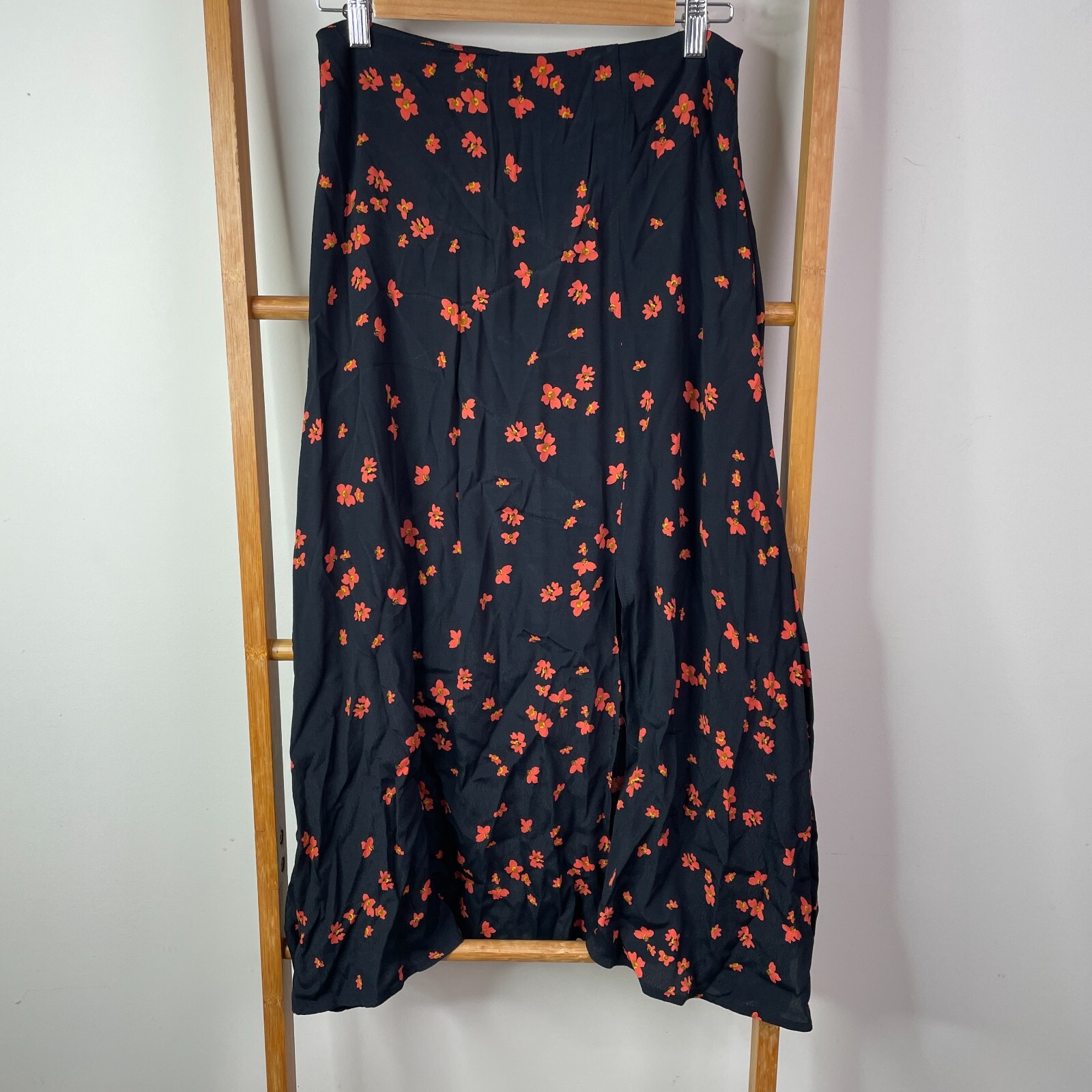 Dotti Womens Size 8 Black Orange Floral Maxi Skirt with Front Slit Lightweight Unlined-image