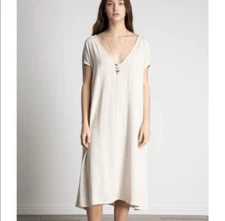 Grade & Gather Short Sleeve Cotton Linen Midi Dress Beige One Size