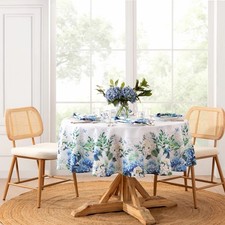 70 in Round Polyester Tablecloth White Blue Green Hydrangea Floral Butterfly