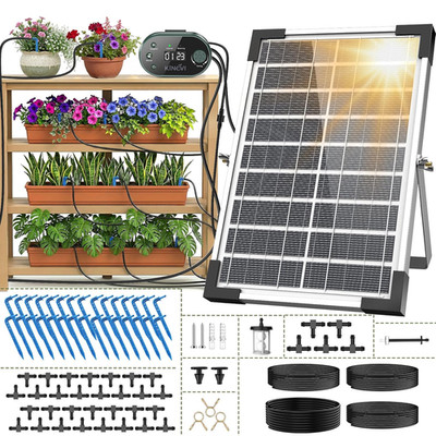 Solar Drip Irrigation System, 8W Powered Auto Watering Kit for 30 Pots, HD LED D