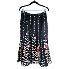 VTG Talbots 100 Pure Silk Floral Midi Skirt Size 6 Black Pink White Botanical