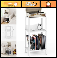 Record Player Stand with Storage for 100 Albums, 3-Tier End Table, White