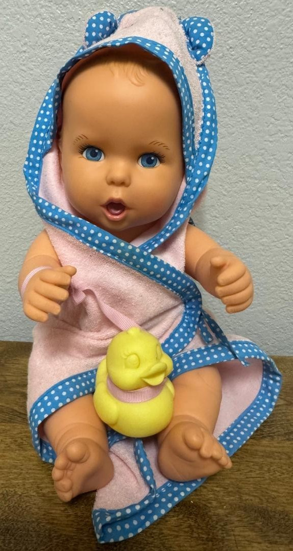 1994 Gerber Nursery 15" Tub Time Baby Doll Rubber Duck Pink Hooded Bath Towel