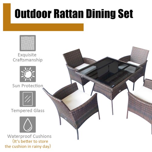 5PCS Rattan Patio Dining Table Set Outdoor Furniture Set w/ 4 Seat Cushions - Picture 6 of 10