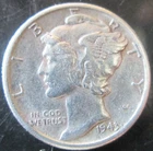 1943-S MERCURY DIME, 90% SILVER, XF/AU CONDITION, FULL BANDS CIRCULATED