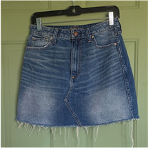 Abercrombie Fitch Blue Denim A-Line Raw Hem High Rise Skirt Pockets Size 28