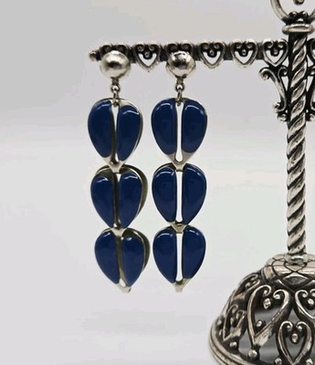 Triple Heart Earrings Blue Enamel Pierced Silver tone Couture Modern 2.75 in