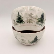 Set of 2 Ceramic Christmas Winter Forest Pine Tree Bowls Rustic Brown Rimmed