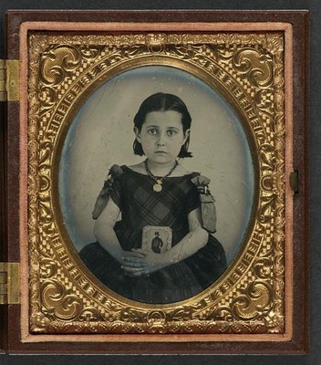 Unidentified Girl Mourning Dress Holding Father Cavalryman Photo 1860s