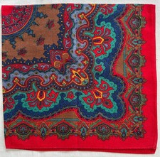 Vintage Bandana Blue Brown Paisley Damask Pattern Red Cotton Handkerchief 21"