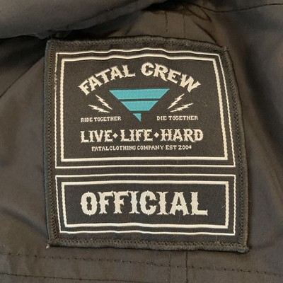 Fatal Crew Jacket Womens Medium Black Hooded Live Life Hard Patch Pockets Zip