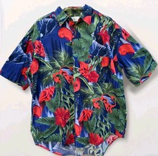Gottex Mens L Hawaiian Aloha Shirt Tropical Floral Seashell Snorkel Mask Cotton