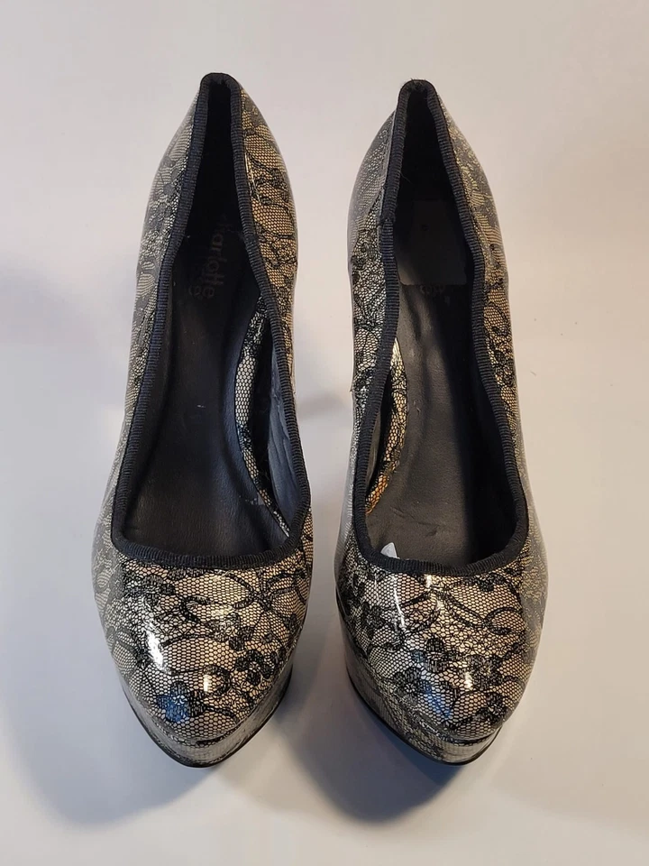 Zapatos de tacón de aguja Charlotte Russe para mujer 8 negros grises florales 5” plataforma  Foto 3 de 4