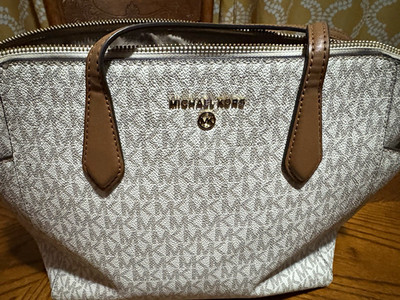 Michael Kors Beige Logo Satchel Zip Closure Brown Handles Gold Hardware Charm