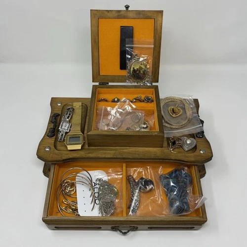Estate Jewelry vintage w/ wood box, Costume golds/silvers/pearls/crosses/watches