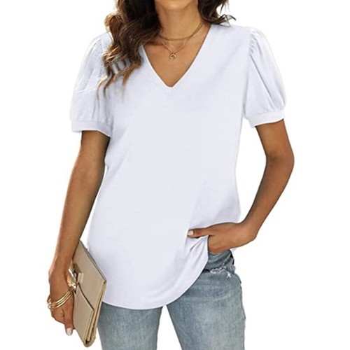 Womens Puff Short Sleeve V-Neck T-Shirts Casual Loose Fit Solid Color Tunic Top - Picture 14 of 38