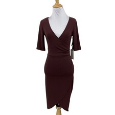 Leith Dress Womens XS Extra Small Raisin Wrap Half Sleeve V Neck Stretch Bodycon