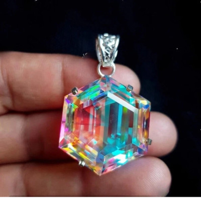 GIE 55 Ct+ Natural Mystic Topaz Hexagon Cut 925 Solid Silver Pendant Gemstone A+