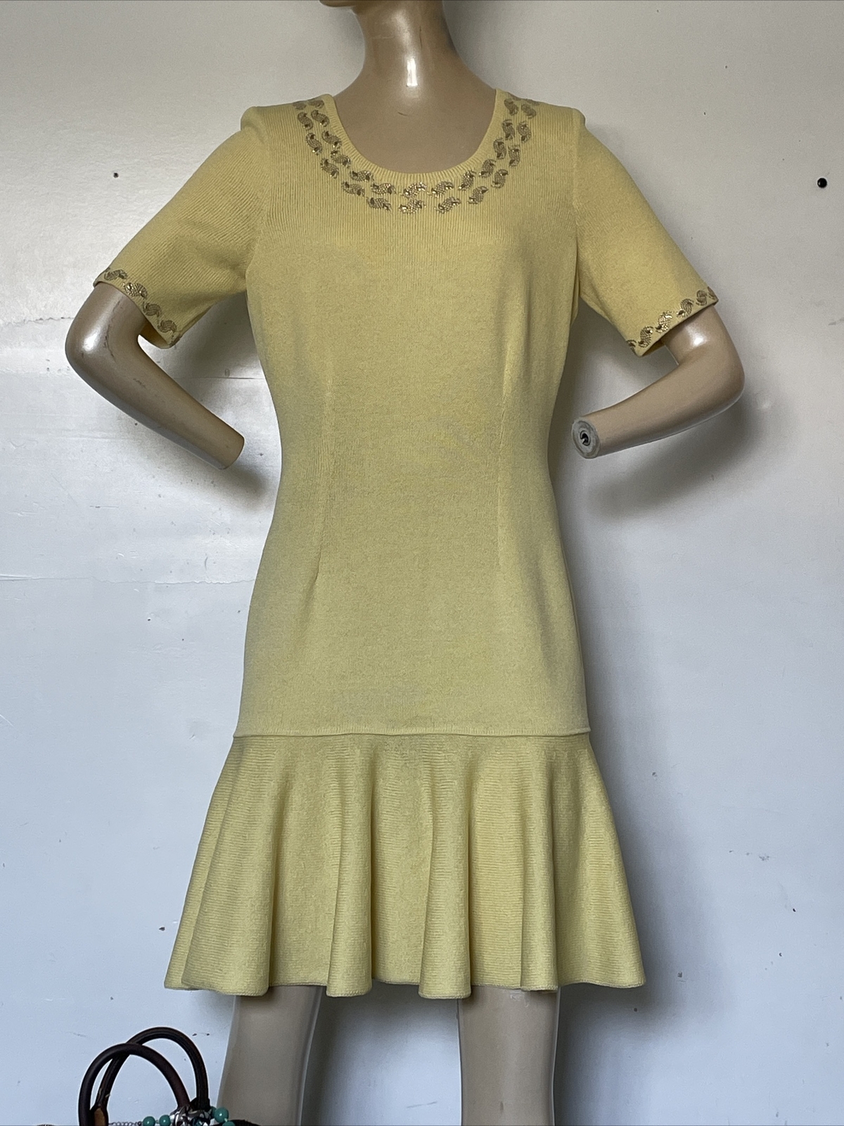 Vintage Elisabeth Custom Knits Flip Dress Lemon Yellow Gold Accents Rare 1980s image 4