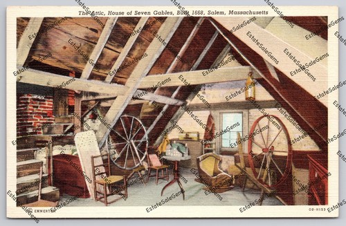 Alte Postkarte Das Dachgeschoss Haus der sieben Giebel gebaut 1668 Salem Massachusetts