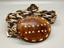 Vintage 1970s Handmade Domino White Inlay Brown Leather Western Tooled Belt 43  