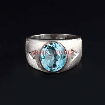 Natural Blue Topaz Gemstone with 925 Sterling Silver Ring for Men's #5019