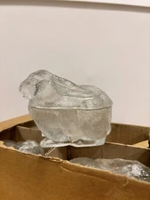 NOS Vtg Clear Glass Bunny Rabbit on Nest Candy Trinket Dish w/Lid Cover - Easter