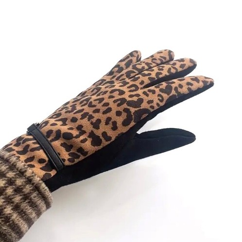 Gloves Womens Classic Leopard Velvet Lined Warm Gloves Black Brown Stretchy - Picture 2 of 2