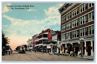 Central Avenue Looking East Trolley Hotel Poinsettia St. Petersburg FL Postcard