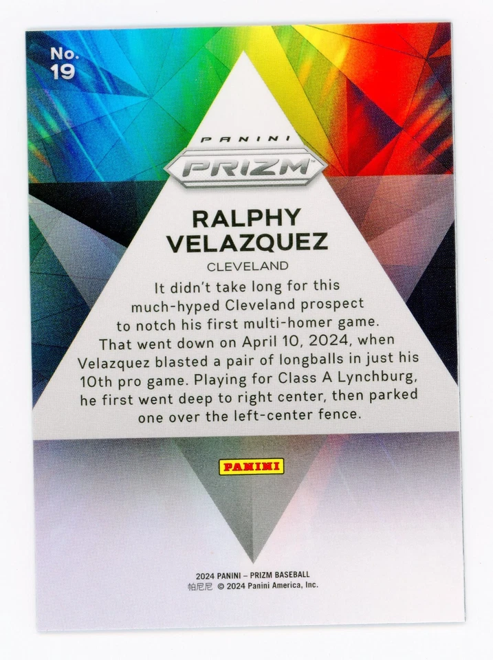 2024 Panini Prizm Prizmatic Ralphy Velazquez RC #19 – Guardians Prospect - Image 2 of 2