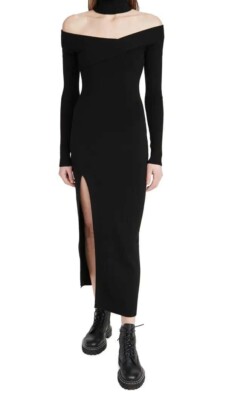 MONSE Off Shoulder Turtleneck Arch Black Wool Long Sleeve Dress M Org $1,290