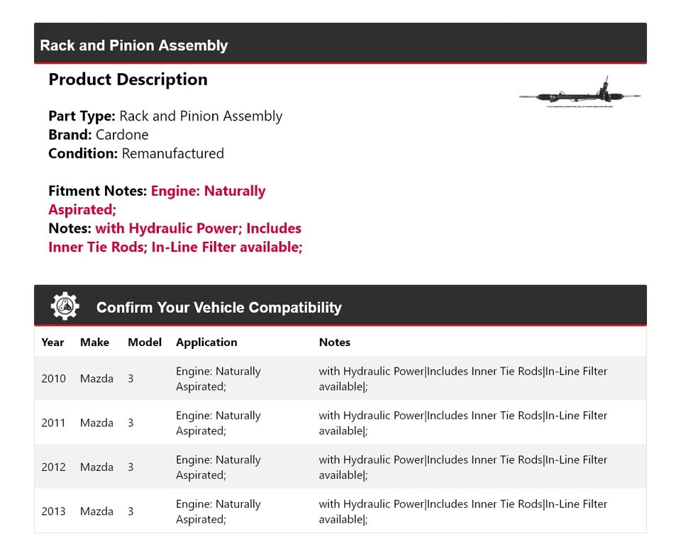Conjunto de piñón y cremallera natural para Mazda 3 2010-2013 Cardone 2011 Foto 2 de 4