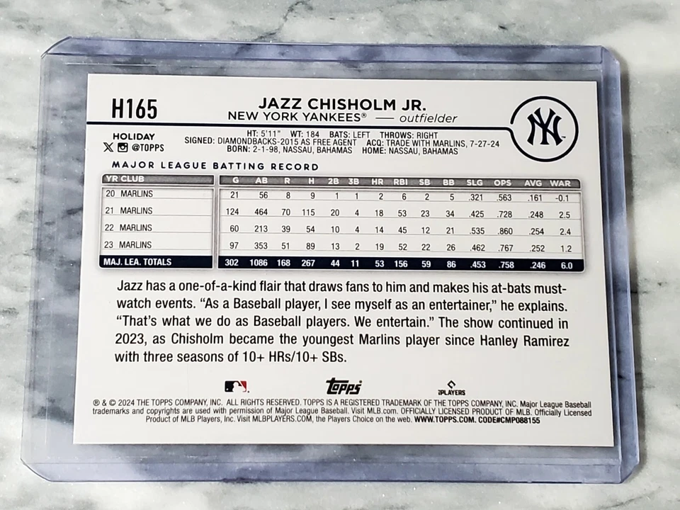 Jazz Chisholm 2024 Topps Holiday Candy Cane Bat Image Variation SP #H165 Yankees - Image 2 of 2