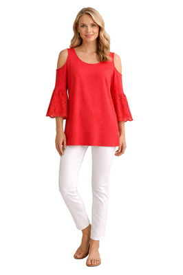 Rain Women s Cold Shoulder Lace Bell Sleeve Top Coral Size L Boho 3/4