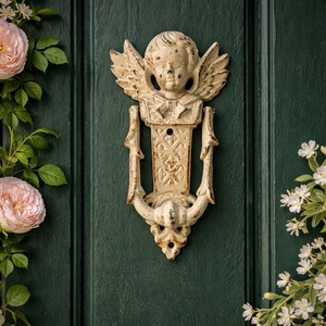 Vintage Angel Cherub Door Knocker Cast Iron White Distressed French Cottage