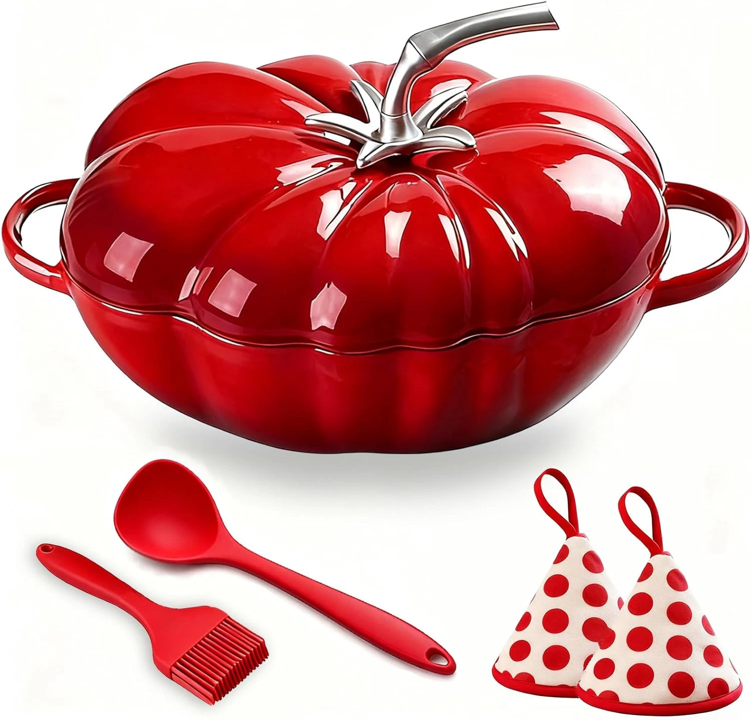 5Qt Enameled Cast Iron Dutch Oven - Pre-Seasoned, Includes 3 Utensils, Red