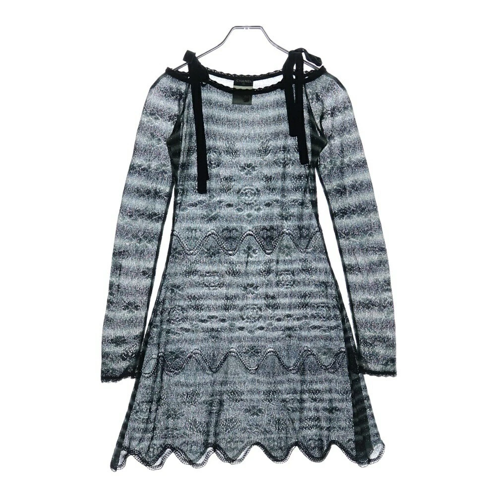 Abito Chanel Taglia 36 02Aw Nastro Strass Logo Coco Placca Manica Lunga Maglia Ne