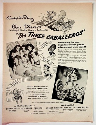 Vintage 1945 Walt Disney The Three Caballeros RKO Movie Print Ad Donald Duck