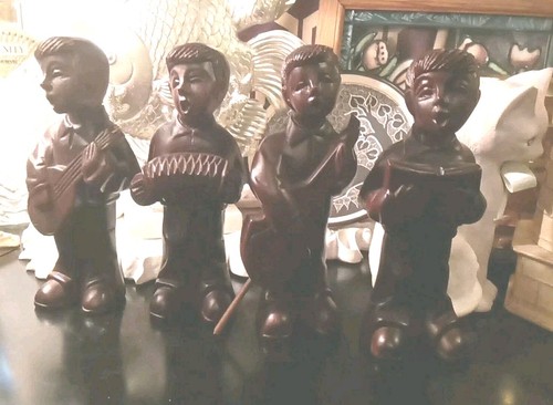 Vintage 70s Carved Wooden Figurines Musicians Orchestra Boys Band Sculptures.AX.