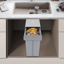 10L+20L Built-in Trash Can, Under Cabinet Garbage Can, Grey Kitchen Rubbish Can